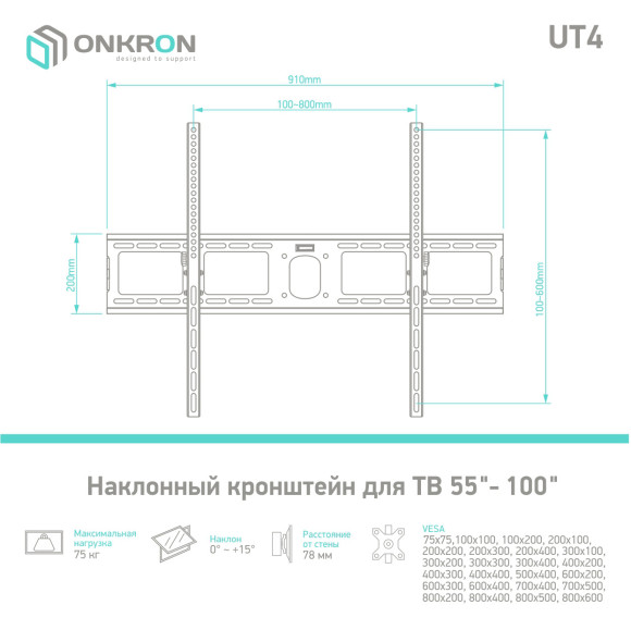 Кронштейн для телевизора Onkron UT4 черный 55"-100" макс.75кг настенный наклон Кронштейн для телевизора Onkron UT4 черный 55"-100" макс.75кг настенный наклон