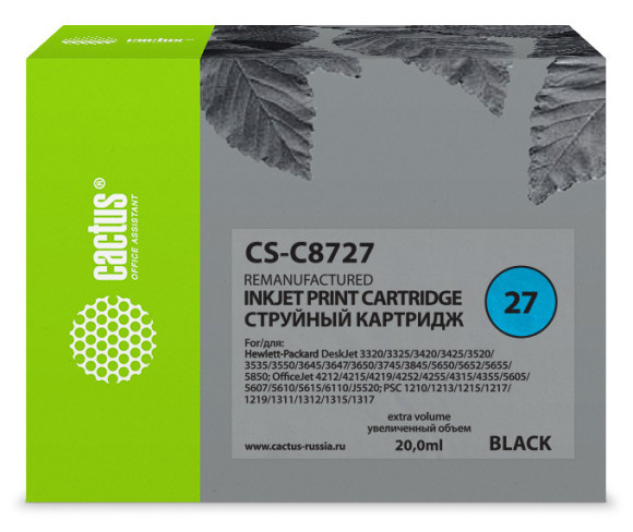 Картридж струйный Cactus CS-C8727 №27 черный (20мл) для HP DJ 3320/3325/3420/3425/3520 с чипом