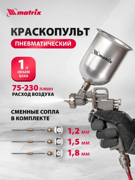 Краскораспылитель Matrix 57315 230л/мин соп.:1.8мм бак:1л серебристый Краскораспылитель Matrix 57315 230л/мин соп.:1.8мм бак:1л серебристый