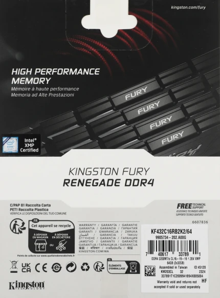 Память DDR4 2x32GB 3200MHz Kingston KF432C16RB2K2/64 Fury Renegade Black RTL Gaming PC4-25600 CL16 DIMM 288-pin 1.35В dual rank с радиатором Ret