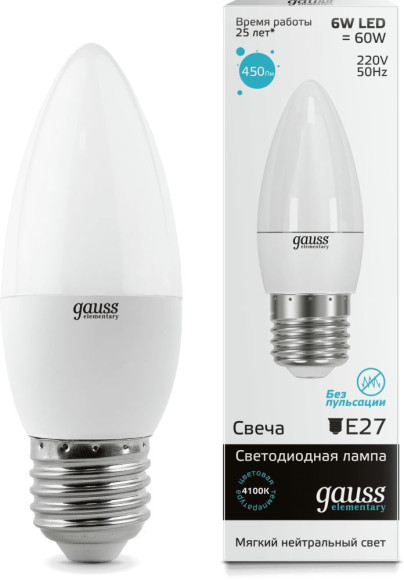 Лампа светодиодная Gauss Elementary 6Вт цок.:E27 свеча 220B 4100K св.свеч.бел.нейт. C37 (упак.:1шт) (33226)