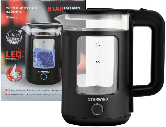 Чайник электрический Starwind SKG1053 1.7л. 1800Вт черный корпус: стекло Чайник электрический Starwind SKG1053 1.7л. 1800Вт черный корпус: стекло