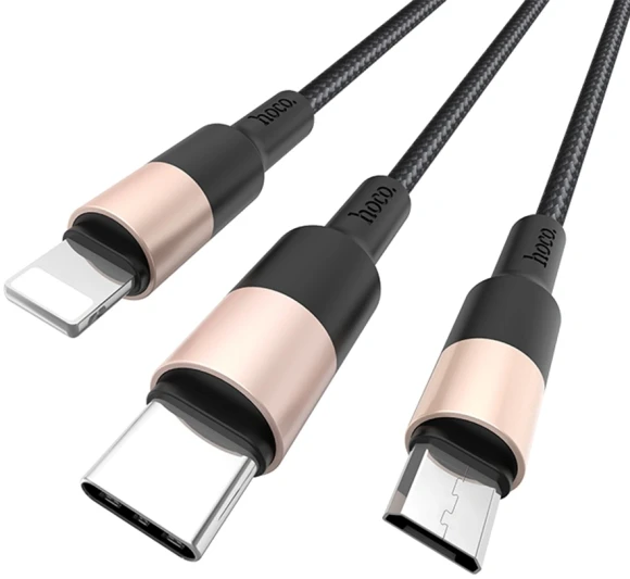 Кабель Hoco X26 Xpress one 80275 USB (m)-Lightning (m)/USB Type-C (m)/micro USB (m) 1м черный/золотистый