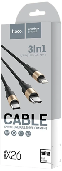 Кабель Hoco X26 Xpress one 80275 USB (m)-Lightning (m)/USB Type-C (m)/micro USB (m) 1м черный/золотистый