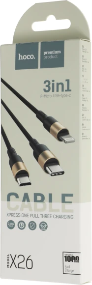 Кабель Hoco X26 Xpress one 80275 USB (m)-Lightning (m)/USB Type-C (m)/micro USB (m) 1м черный/золотистый