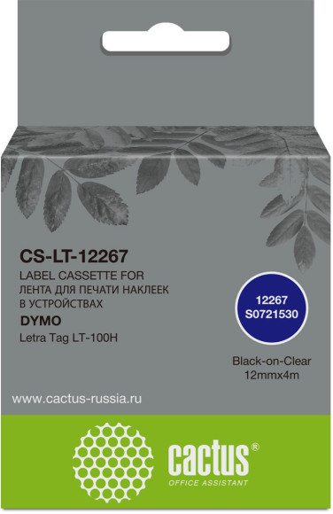 Картридж ленточный Cactus CS-LT-12267 12267 черный на прозрачном 12x4 для Dymo Letra Tag LT-100H без чипа