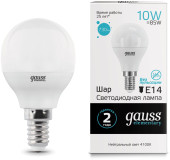 Лампа светодиодная Gauss Elementary 10Вт цок.:E27 шар 220B св.свеч.бел.нейт. (упак.:10шт) (53220) Лампа светодиодная Gauss Elementary 10Вт цок.:E27 шар 220B св.свеч.бел.нейт. (упак.:10шт) (53220)