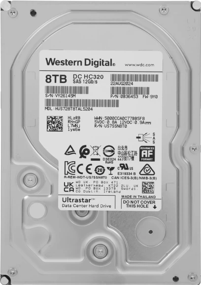 Жесткий диск WD SAS 3.0 8TB 0B36453 HUS728T8TAL5204 Server Ultrastar DC HC320 512E (7200rpm) 256Mb 3.5"