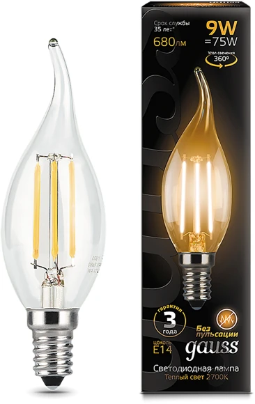 Лампа светодиодная Gauss Filament 9Вт цок.:E14 свеча 220B св.свеч.бел.теп. CF35 (упак.:10шт) (104801109)