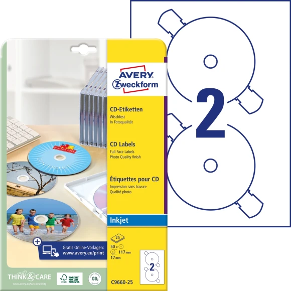 Этикетки Avery Zweckform CD/DV C9660-25 A4/196г/м2/25л./белый супер глянец самоклей. для лазерной печати