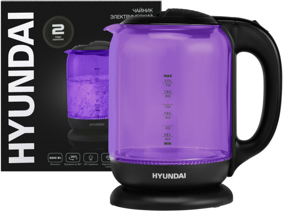 Чайник электрический Hyundai HYK-G5809 1.7л. 2200Вт фиолетовый/черный корпус: стекло
