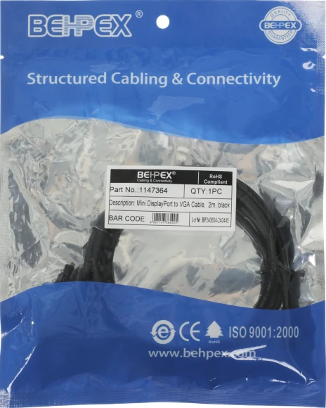 Кабель 1.1v miniDisplayPort (m) VGA (m) 2м черный