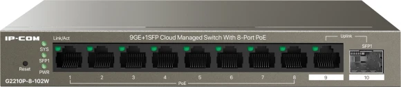 Коммутатор IP-Com G2210P-8-102W (L2) 9x1Гбит/с 1xКомбо(1000BASE-T/SFP) 1SFP 8PoE 92W неуправляемый