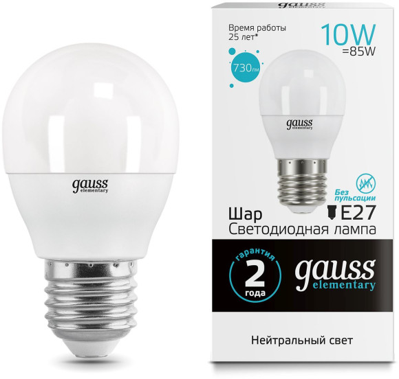 Лампа светодиодная Gauss A60 12Вт цок.:E27 шар 220B 3000K св.свеч.бел.теп. A60 (упак.:10шт) (102502112)
