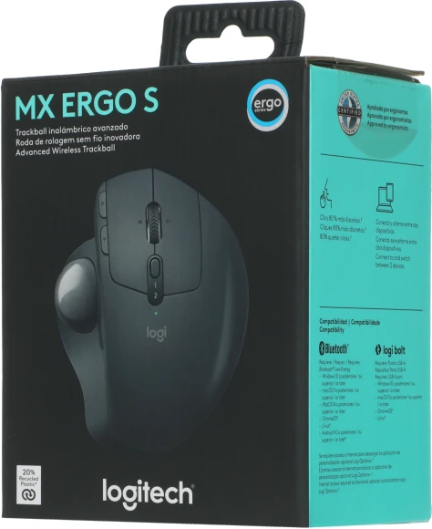 Трекбол Logitech Trackball MX Ergo S графитовый оптическая 2048dpi silent беспров. BT/Radio USB 8but (910-007261)