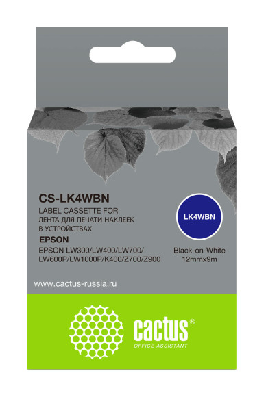 Картридж ленточный Cactus CS-LK4WBN LK-4WBN черный на белом 12x9 для Epson LW300/LW400/LW700/LW600P/LW1000P/K400/Z700/Z900