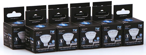 Лампа светодиодная Gauss Black 7Вт цок.:GU5.3 рефлек. 220B 4100K св.свеч.бел.нейт. MR16 (упак.:10шт) (101505207)