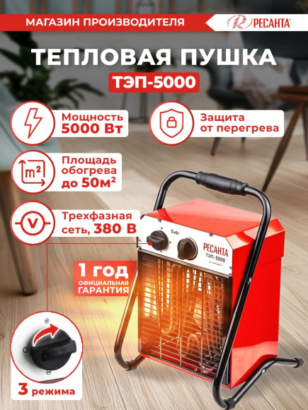 Тепловая пушка электрическая Ресанта ТЭП-5000 5000Вт красный