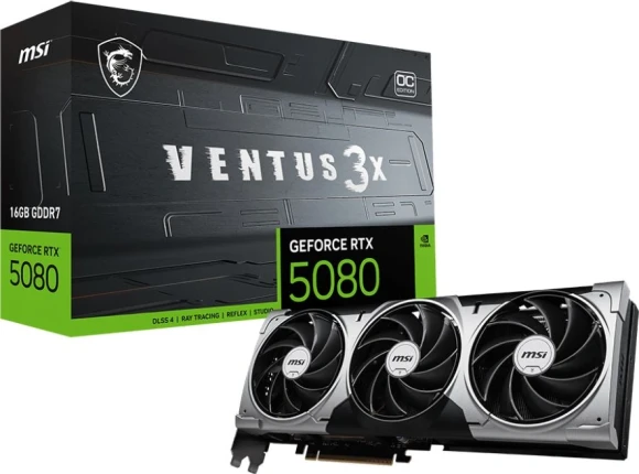 Видеокарта MSI PCI-E 5.0 RTX 5080 16G VENTUS 3X NVIDIA GeForce RTX 5080 16Gb 256bit GDDR7 2640/30000 HDMIx1 DPx3 HDCP Ret Видеокарта MSI PCI-E 5.0 RTX 5080 16G VENTUS 3X NVIDIA GeForce RTX 5080 16Gb 256bit GDDR7 2640/30000 HDMIx1 DPx3 HDCP Ret