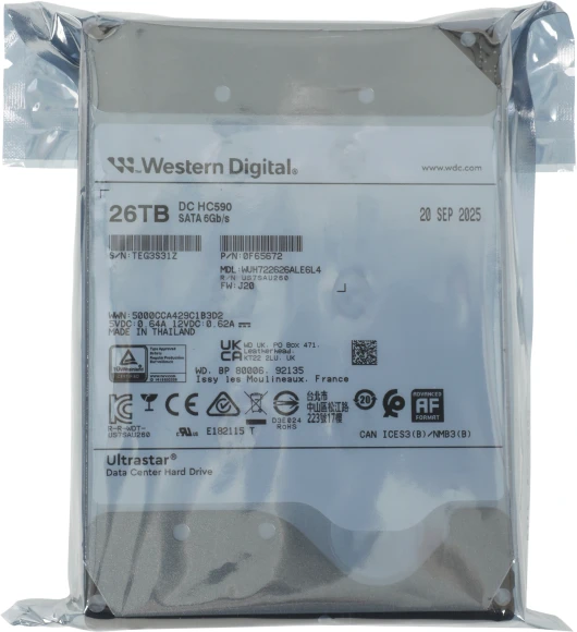 Жесткий диск WD SATA-III 26TB 0F65672 WUH722626ALE6L4 Server Ultrastar DC HC590 4KN (7200rpm) 512Mb 3.5" Жесткий диск WD SATA-III 26TB 0F65672 WUH722626ALE6L4 Server Ultrastar DC HC590 4KN (7200rpm) 512Mb 3.5"