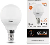 Лампа светодиодная Gauss 8Вт цок.:E14 шар 220B св.свеч.бел.нейт. G45 (упак.:1шт) (53128)