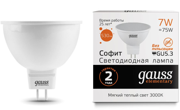 Лампа светодиодная Gauss 5.5Вт цок.:GU10 рефлек. 220B св.свеч.бел.нейт. MR16 (упак.:1шт) (13626)