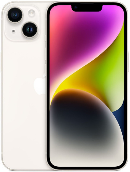 Смартфон Apple A2882 iPhone 14 128Gb 6Gb сияющая звезда моноблок 3G 4G 1Sim 6.1" 1170x2532 iOS 16 12Mpix 802.11 a/b/g/n/ac/ax NFC GPS GSM900/1800 GSM1900 Protect