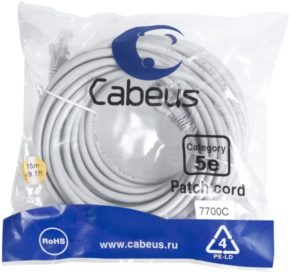Патч-корд Cabeus PC-UTP-RJ45-CAT.5E-1.5M U/UTP RJ-45 вил.-вилка RJ-45 кат.5E 1.5м серый ПВХ