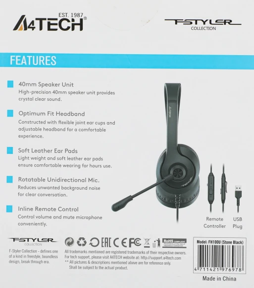 Наушники с микрофоном A4Tech Fstyler FH100U черный 2м накладные USB оголовье (FH100U (STONE BLACK)) Наушники с микрофоном A4Tech Fstyler FH100U черный 2м накладные USB оголовье (FH100U (STONE BLACK))