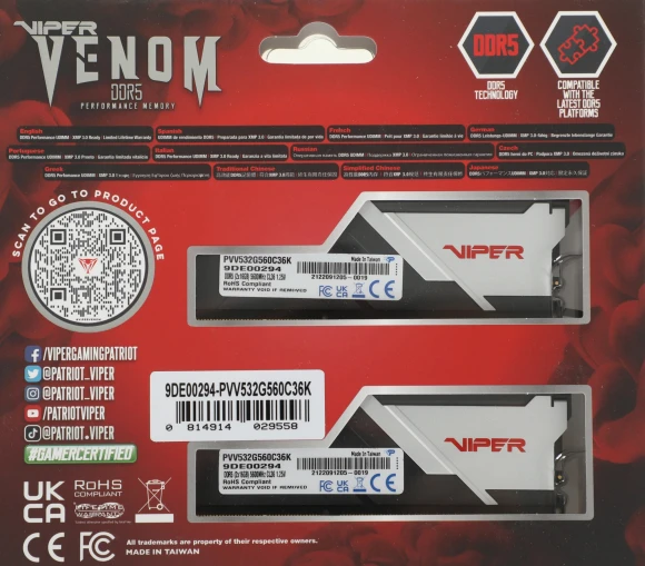 Память DDR5 2x16Gb 5600MHz Patriot PVV532G560C36K Viper Venom RTL Gaming PC5-44800 CL36 DIMM 288-pin 1.25В с радиатором Ret Память DDR5 2x16Gb 5600MHz Patriot PVV532G560C36K Viper Venom RTL Gaming PC5-44800 CL36 DIMM 288-pin 1.25В с радиатором Ret
