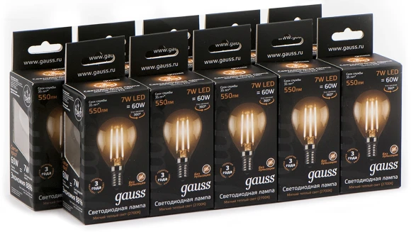 Лампа светодиодная Gauss 7Вт цок.:E14 шар 220B св.свеч.бел.теп. P45 (упак.:10шт) (105801107)