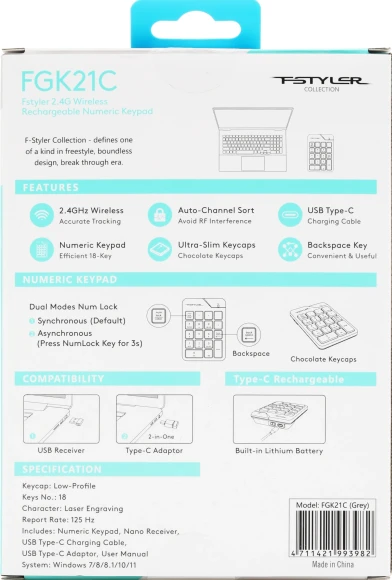 Числовой блок A4Tech FGK21C серый USB беспроводная slim для ноутбука
