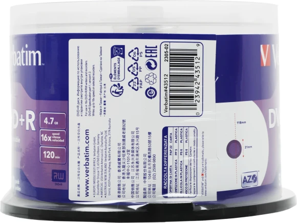 Диск DVD+R Verbatim 4.7Gb 16x Cake Box (50шт) Printable (43512) Диск DVD+R Verbatim 4.7Gb 16x Cake Box (50шт) Printable (43512)