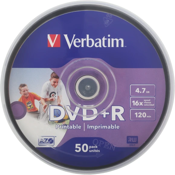 Диск DVD+R Verbatim 4.7Gb 16x Cake Box (50шт) Printable (43512) Диск DVD+R Verbatim 4.7Gb 16x Cake Box (50шт) Printable (43512)