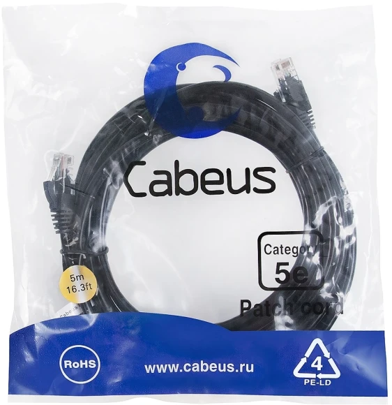 Патч-корд Cabeus PC-UTP-RJ45-Cat.5e-0.5m-BK-LSZH U/UTP RJ-45 вил.-вилка RJ-45 кат.5E 0.5м черный LSZH