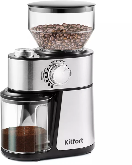 Кофемолка Kitfort КТ-717 200Вт сист.помол.:жернова вместим.:100гр нержавеющая сталь/черный Кофемолка Kitfort КТ-717 200Вт сист.помол.:жернова вместим.:100гр нержавеющая сталь/черный