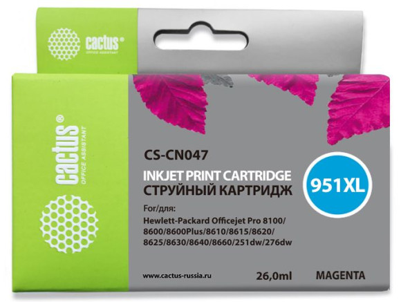 Картридж струйный Cactus CS-CN047 №951XL пурпурный (26мл) для HP DJ Pro 8100/8600 с чипом Картридж струйный Cactus CS-CN047 №951XL пурпурный (26мл) для HP DJ Pro 8100/8600 с чипом