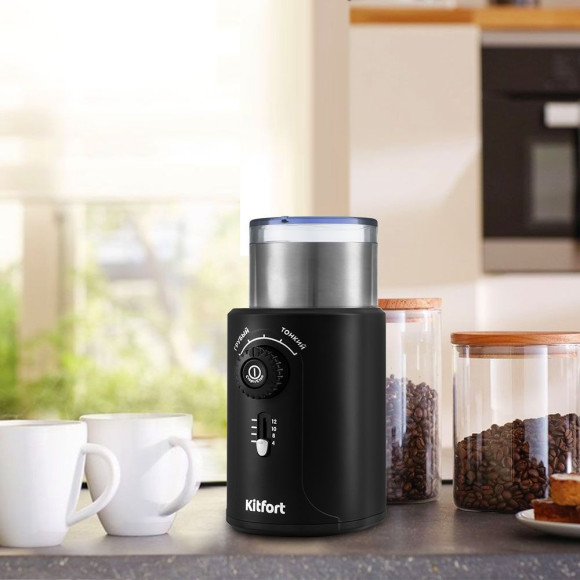 Кофемолка Kitfort KT-747 200Вт сист.помол.:ротац.нож вместим.:70гр черный/серебристый Кофемолка Kitfort KT-747 200Вт сист.помол.:ротац.нож вместим.:70гр черный/серебристый