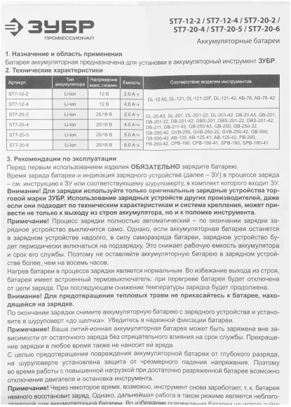 Батарея аккумуляторная Зубр Профессионал 20В 4Ач Li-Ion (ST7-20-4)