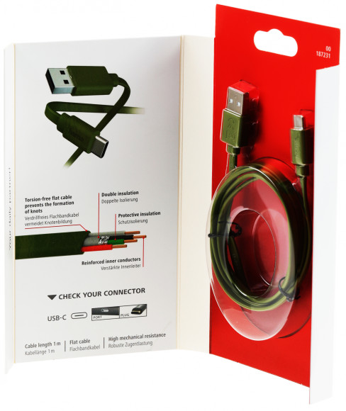 Кабель Hama 00187231 USB (m)-USB Type-C (m) 1м зеленый плоский