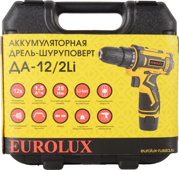 Дрель-шуруповерт Eurolux ДА-12/2Li аккум. патрон:быстрозажимной (кейс в комплекте) (72/14/38) Дрель-шуруповерт Eurolux ДА-12/2Li аккум. патрон:быстрозажимной (кейс в комплекте) (72/14/38)
