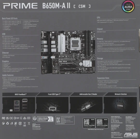 Материнская плата Asus PRIME B650M-A II-CSM Socket AM5 AMD B650 4xDDR5 mATX AC`97 8ch(7.1) 2.5Gg RAID+VGA+HDMI+DP