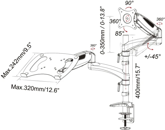 Кронштейн для монитора/ноутбука Cactus CS-VM-LH08-AL серебряный 13"-32" макс.16кг настольный поворот и наклон