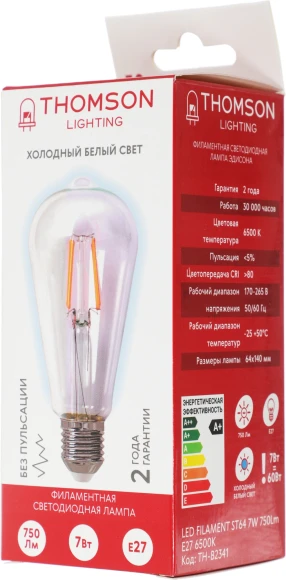 Лампа филам. Thomson Filament TH-B2341 7Вт цок.:E27 эдисон 220B св.свеч.бел.хол. ST64 (упак.:1шт)