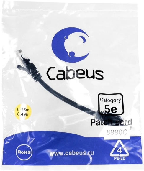 Патч-корд Cabeus PC-UTP-RJ45-CAT.5E-0.3M-BK U/UTP RJ-45 вил.-вилка RJ-45 кат.5E 0.3м черный ПВХ
