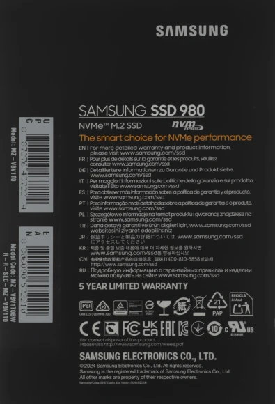 Накопитель SSD Samsung PCIe 3.0 x4 1TB MZ-V8V1T0BW 980 M.2 2280
