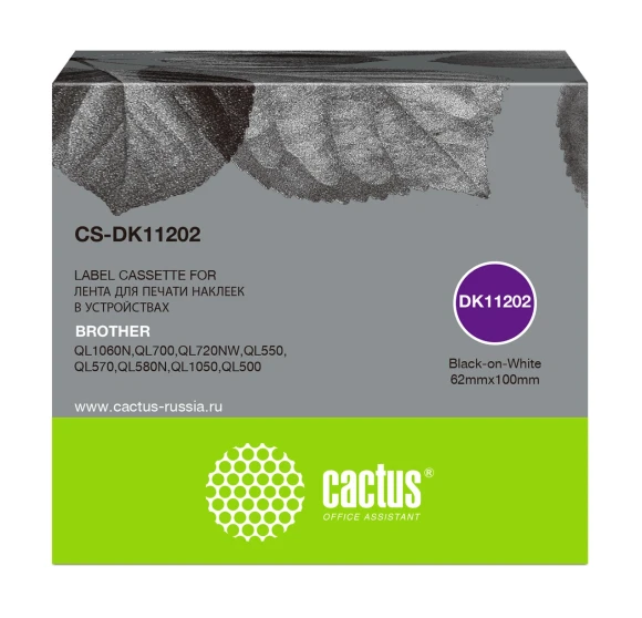 Картридж ленточный Cactus CS-DK11202 DK-11202 черный на белом для Brother P-touch QL-500, QL-550, QL-700, QL-800
