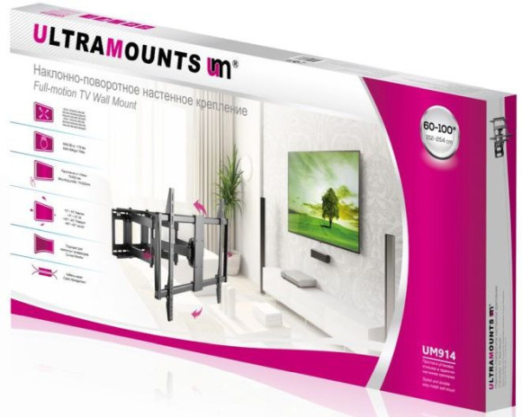 Кронштейн для телевизора Ultramounts UM914 черный 60"-100" макс.80кг настенный поворотно-выдвижной и наклонный