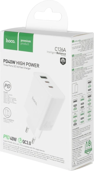 Сетевое зар./устр. Hoco C126A Pure power PD40W three-port(2C1A) charger(EU 40W 3A (PD+QC) универсальное белый Сетевое зар./устр. Hoco C126A Pure power PD40W three-port(2C1A) charger(EU 40W 3A (PD+QC) универсальное белый