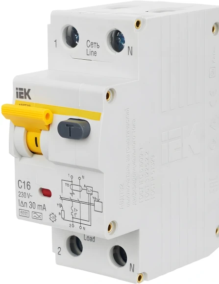 Выключатель автом. дифф. тока IEK MAD22-5-016-C-30 АВДТ 32 16A тип C 6kA 30мА A 1П+Н 230В 2мод белый (упак.:1шт) Выключатель автом. дифф. тока IEK MAD22-5-016-C-30 АВДТ 32 16A тип C 6kA 30мА A 1П+Н 230В 2мод белый (упак.:1шт)